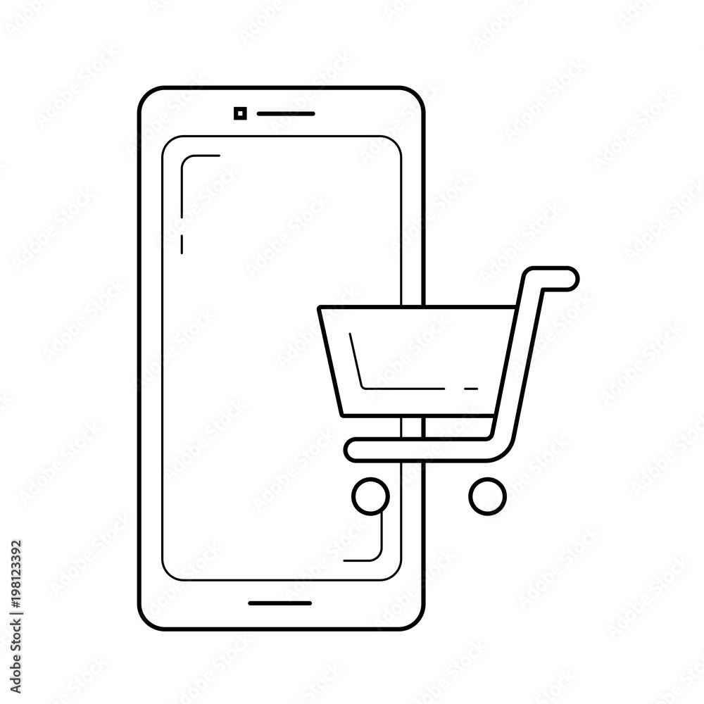 Smartphone with online shop app vector line icon isolated on white background Smartphone with online shop app vector line icon isolated on white background