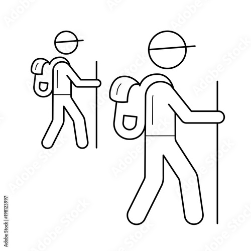 Hiking climbing mountain with a backpack vector line icon isolated on white background. Hiking tourist line icon for infographic, website or app. Icon designed on a grid system.