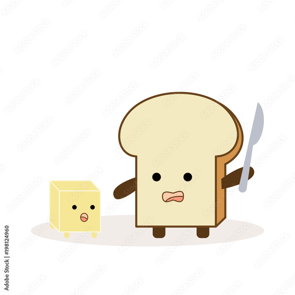 a slice of bread is trying to cut a cubic butter by a butter knife in hand.  funny concept. food and drink design. vector illustration. Stock Vector |  Adobe Stock