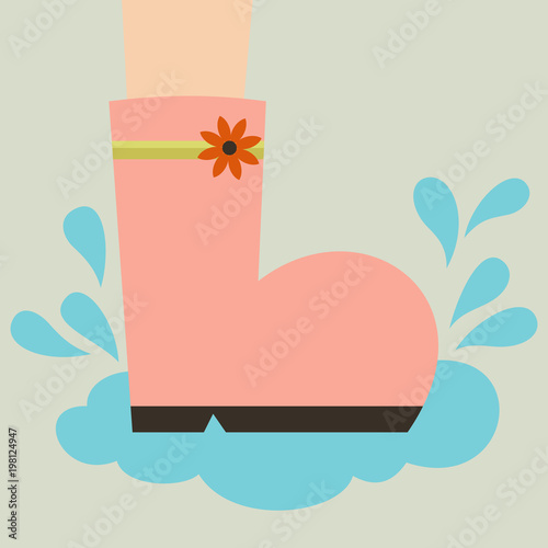 one pink boot with an orange flower is stepping on puddle in rainy day which makes a lot of drops of water spread all around. vector illustration.