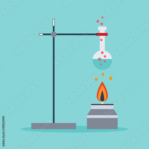the experiment of boiling the blue liquid in test tube until it has been evaporated to pink bubble. science concept. vector illustration.