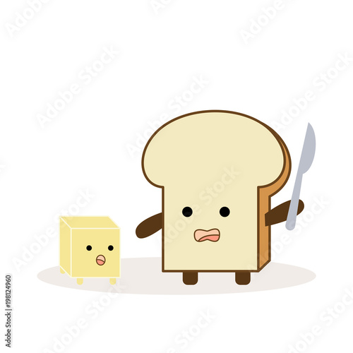a slice of bread is trying to cut a cubic butter by a butter knife in hand. funny concept. food and drink design. vector illustration.