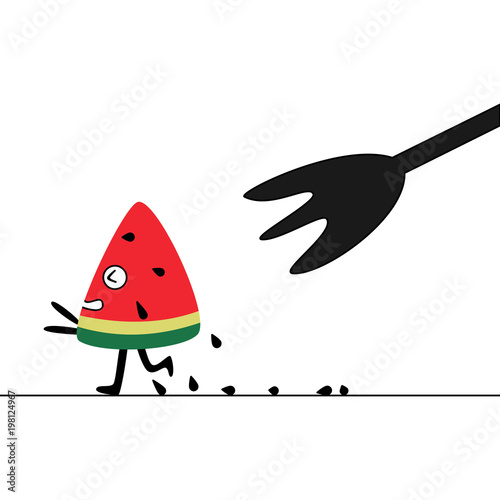 a slice of watermelon fleeing from a fork and dropping seeds all over the ground. funny concept and copy space design. vector illustration.