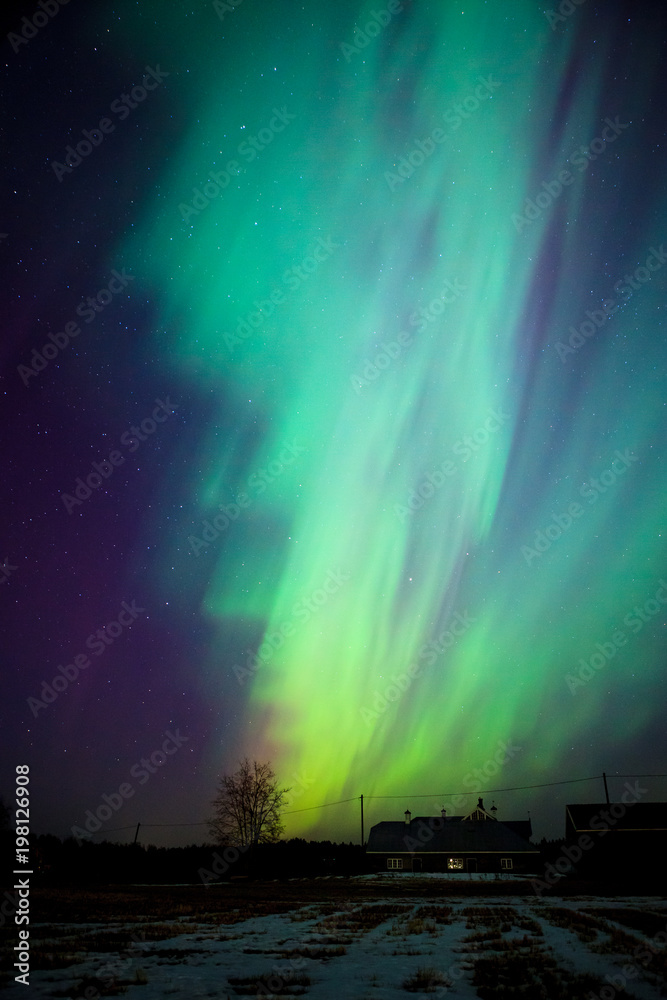 Big beautiful multicolored northern lights in Finland