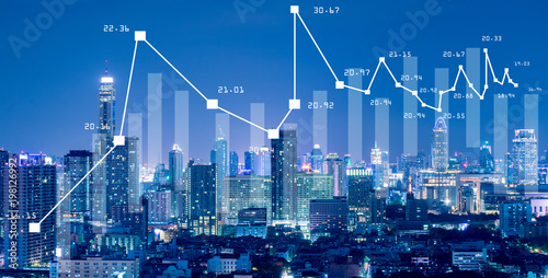 Business background with stock graph growth illustration on the city skyline view.