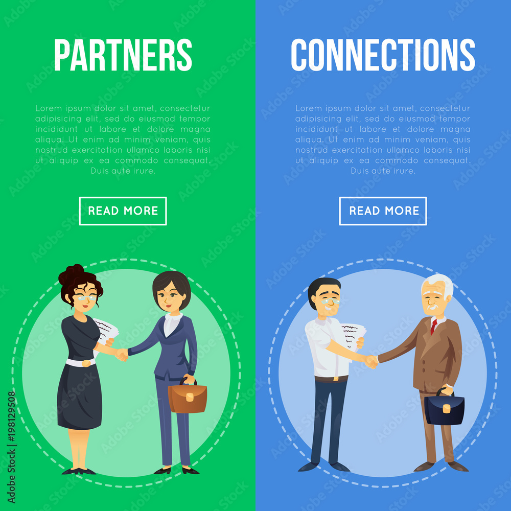Business cooperation and partnership flyers. Happy businessmen and business women handshaking. Corporate business people meeting, partners connections and teamwork, office life vector illustration. Business cooperation and partnership flyers. Happy businessmen and business women handshaking. Corporate business people meeting, partners connections and teamwork, office life vector illustration.