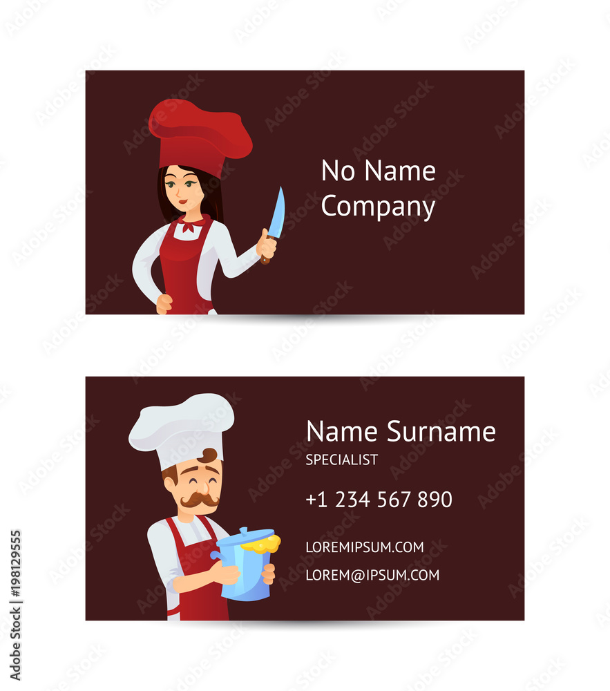 Professional kitchen staff recruitment agency business card layout. Cute  chefs in red cooking uniform and hat. Cooking classes or chef teaching,  masters of international cuisine vector illustration. Stock Vector | Adobe  Stock