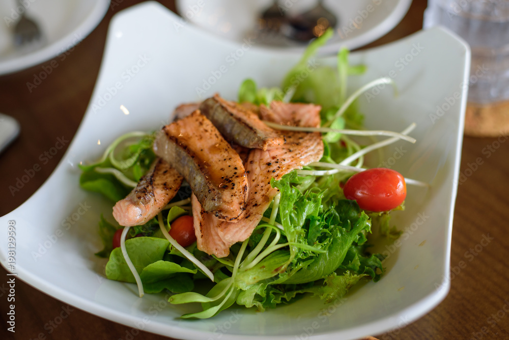 Closed up of salmon salad menu, food healthy, clean food. Closed up of salmon salad menu, food healthy, clean food.