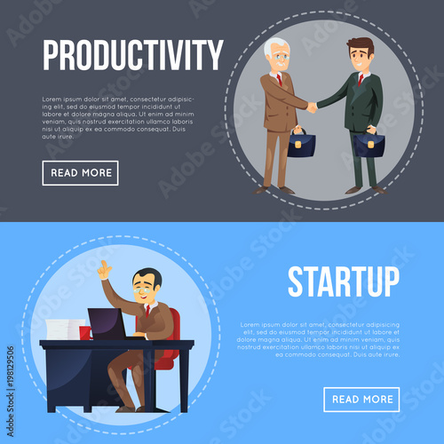 Business cooperation and partnership flyers. Happy businessmen handshaking, manager working on laptop at office desk. Business people meeting, partners connections and teamwork vector illustration.