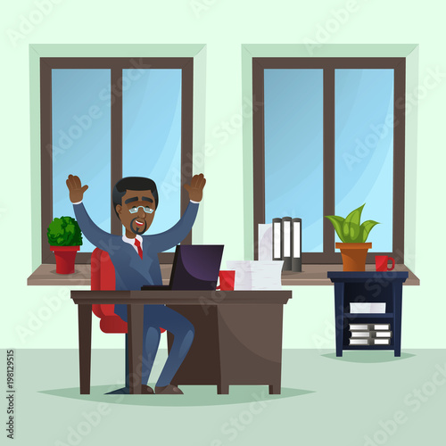 Happy businessman working on laptop at office desk. Manager wearing blue business suit and tie in office interior with big windows. Corporate business people, company staff vector illustration.