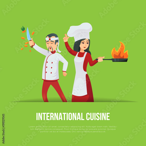 Masters of international cuisine concept. Cute young chefs in red cooking uniform and hat. Cooking classes or chef teaching advertising, kitchen staff recruitment agency vector illustration.