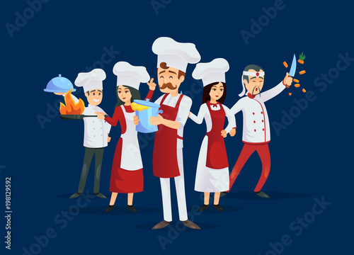 Professional kitchen staff recruitment concept. Cute young chef team in red cooking uniform and hat. Cooking classes or chef teaching advertising, masters of international cuisine vector illustration.