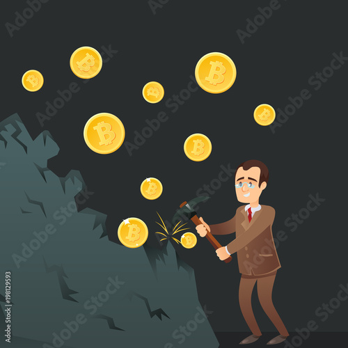 Cryptocurrency and blockchain technology concept. Happy businessman with pickaxe mining gold coins from the rock. Bitcoin digital money mining, financial success, virtual currency vector illustration