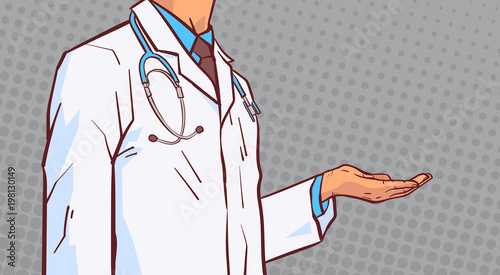 Doctor Hold Open Palm Hand To Copy Space Closeup Medical Male Prectitioner In White Coat Over Comic Retro Background Vector Illustration