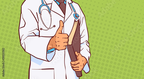 Doctor Holding Thumb Up Closeup Of Medical Male Prectitioner In White Coat Over Comic Pop Art Background With Copy Space Vector Illustration