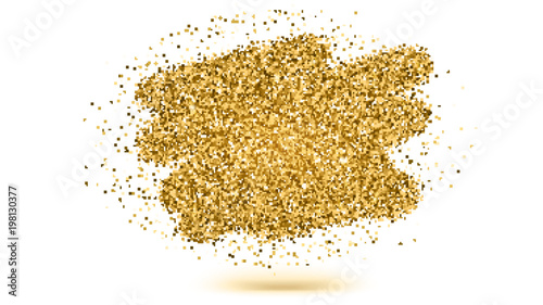 Luxury gold sparkle glitter brush strokes. Texture of dust isolated on white background. Golden explosion of particles for vip exclusive certificate, luxury gift, voucher. 3D illustration.
