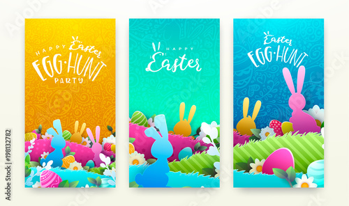 Happy Easter background, trendy pattern with Egg Hunt, rabbit ears. Spring holiday flyers, banners, posters and templates design. Vector illustration.