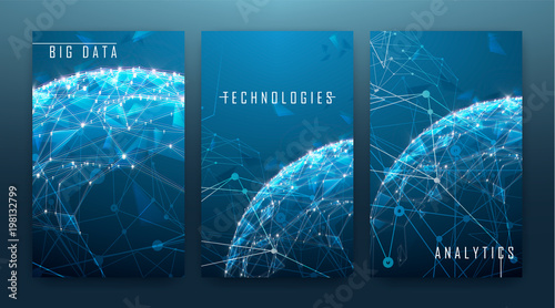 Low polygonal design, futuristic space or data and technology concept, 3d vector illustration with virtual reality effect, abstract tech background.