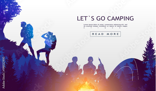 People camping, adventure and travel concept, beautiful forest, mountain and sky, double exposure, vector illustration.