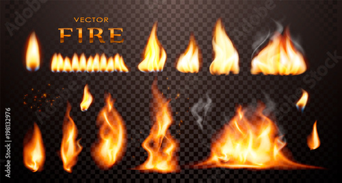 Realistic flame, vector 3d Fire collection, red lights, sparks, isolated on trensparent background.