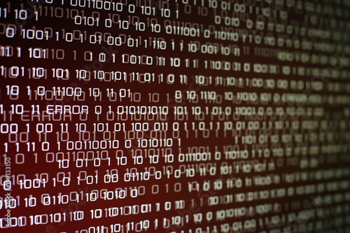 red binary code on computer screen with glittering light and error message. Red binary code background for problem internet, business, connection, technology and modern computer concepts.