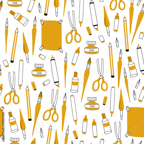 Seamless Pattern with Art Supplies on White Background.