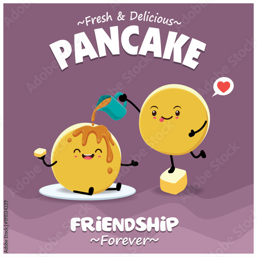 Vintage vegetable poster design with vector pancake characters.