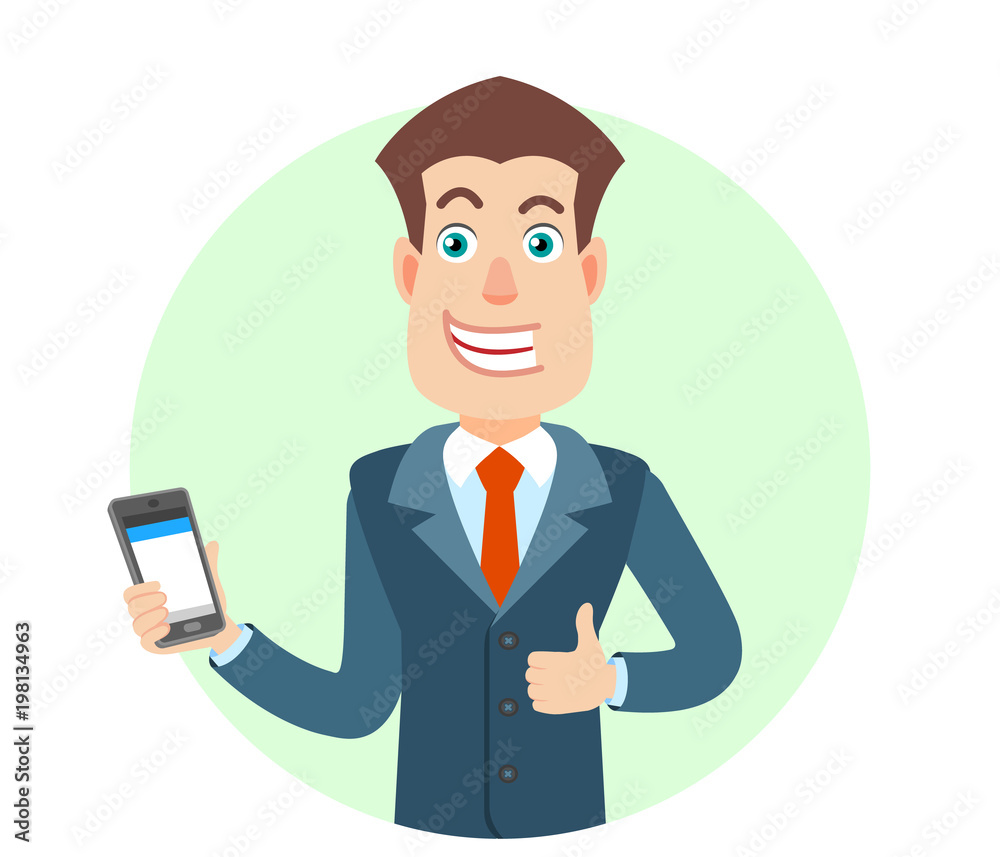 Businessman holding mobile phone and showing thumb up Businessman holding mobile phone and showing thumb up