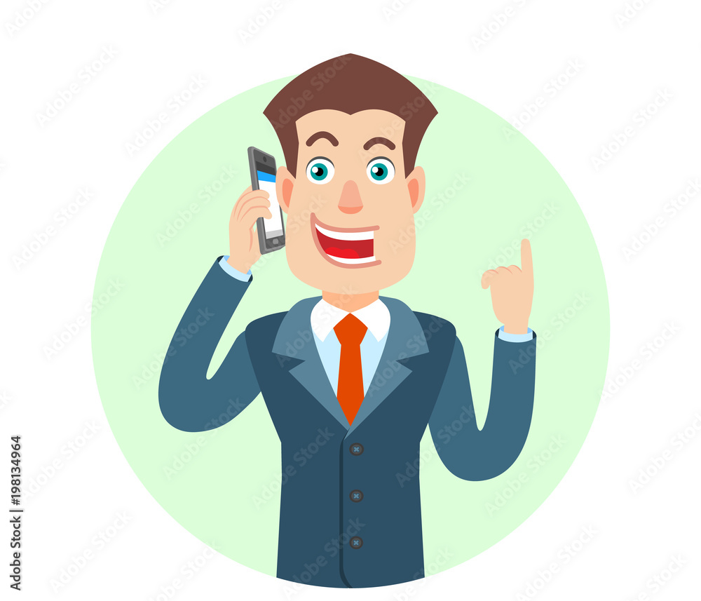 Businessman talking on mobile phone and pointing up