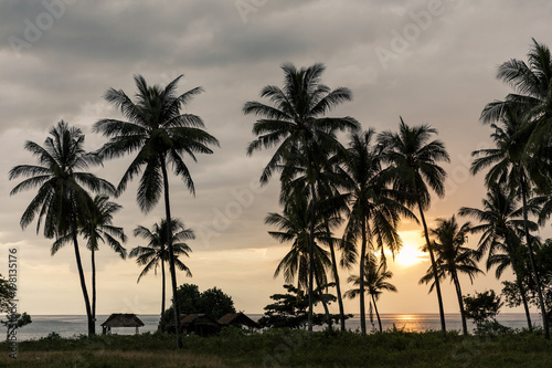 Balinese sunset with palm trees and beach huts