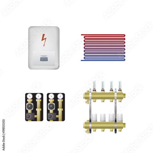 Electric boiler set vector illustration. The HVAC equipment. Manifold, pump, underfloor heating