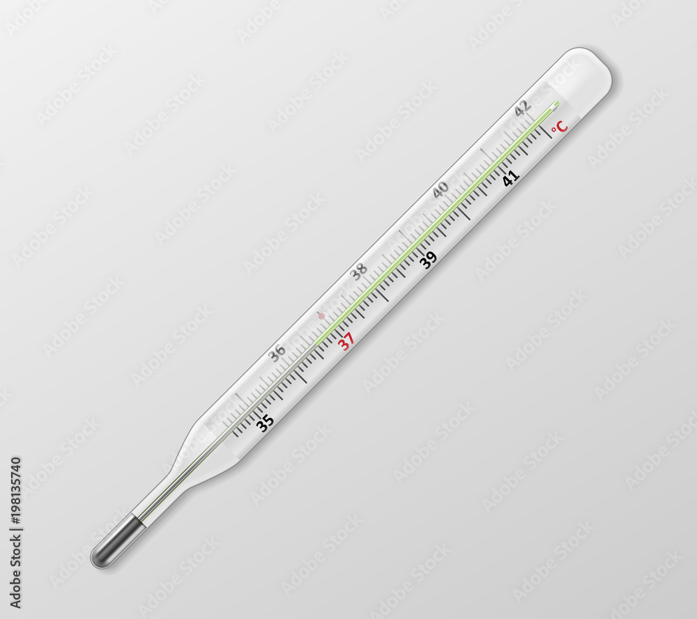 Medical mercury thermometer on white background. Realistic temperature diagnostic measurement instrument isolated. vector illustration Medical mercury thermometer on white background. Realistic temperature diagnostic measurement instrument isolated. vector illustration