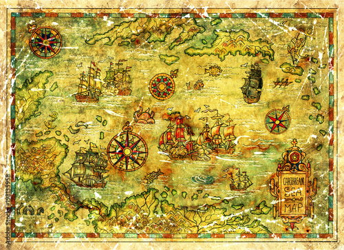 Treasure island map of Caribbean Sea with ships and compasses. Decorative antique background with nautical chart, adventure treasures hunt concept, watercolor hand drawn illustration