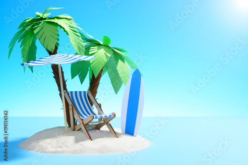 Paradise island in the ocean. Beach chair, umbrella and surfboard under a palm tree in the sand.