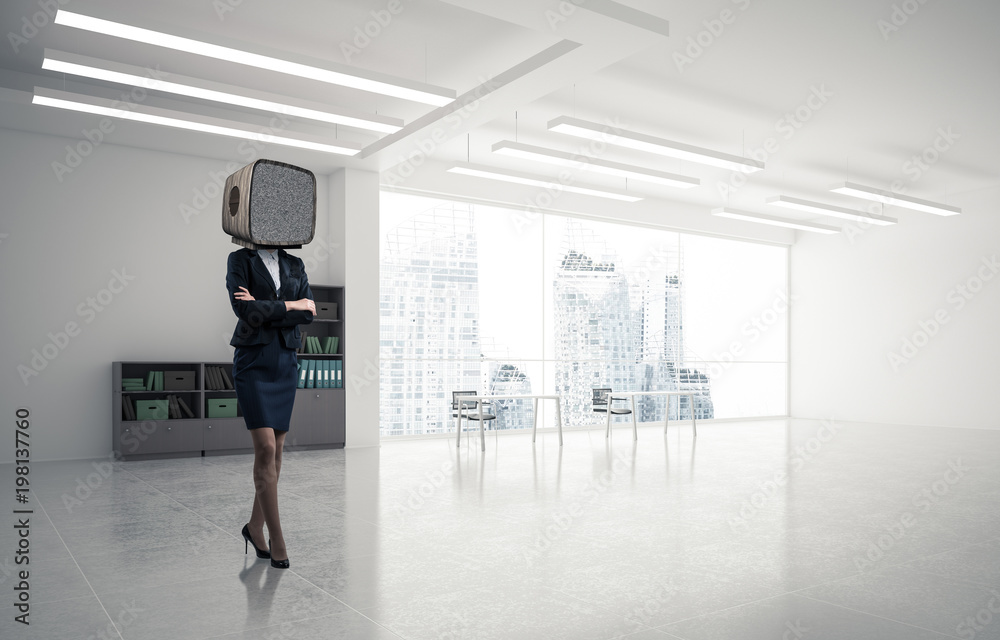 Business woman with an old TV instead of head. Business woman with an old TV instead of head.