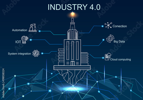 Industry 4.0 with hologram Real Estate, Property Banner concept with Keywords and icons.