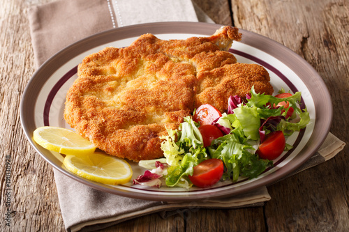 Authentic Italian food: veal Milanese with lemon and fresh vegetable salad close-up. horizontal