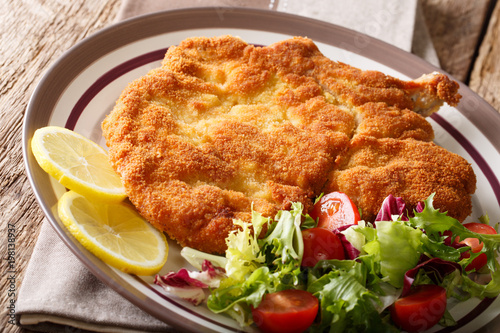 Traditional Italian veal Milanese with lemon and fresh vegetable salad close-up. horizontal