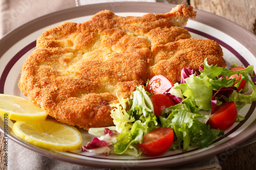 Delicious veal cutlet Milanese with lemon and fresh vegetable salad close-up. horizontal