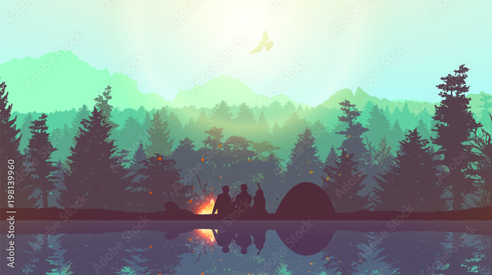 People camping, adventure and travel concept, beautiful forest, mountain and sky, double exposure, vector illustration. - obrazy, fototapety, plakaty 