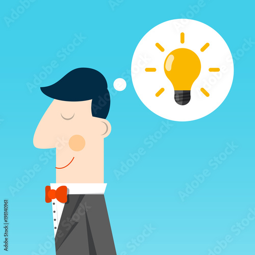 Idea Symbol. Vector Flat Design Smart Man with Bulb in Speech Bubble. Inspiration Concept.