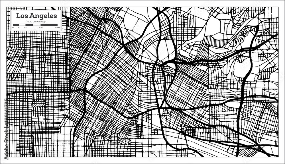 Naklejka premium Mapa miasta Los Angeles w Kalifornii USA w stylu retro czarno-biały kolor. Mapa przeglądowa.