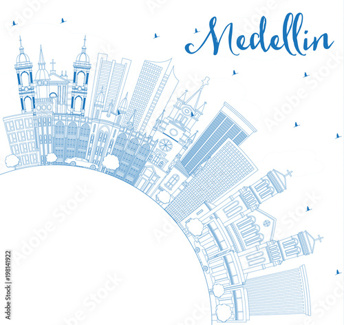 Outline Medellin Colombia City Skyline with Blue Buildings and Copy Space.