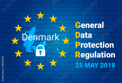GDPR - General Data Protection Regulation. Map of Denmark, EU flag. vector