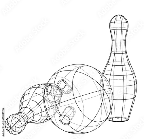 Bowling skittles and ball outline. Vector