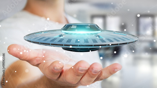 Fototapeta Naklejka Na Ścianę i Meble -  Businessman with retro UFO spaceship 3D rendering