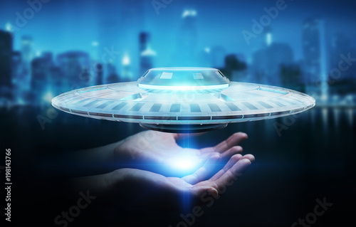 Fototapeta Naklejka Na Ścianę i Meble -  Businesswoman with retro UFO spaceship 3D rendering