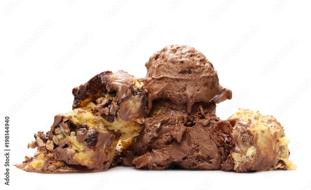 Chocolate ice cream balls, scoops isolated on white background