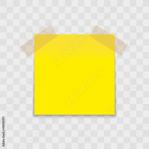 Post note paper sticker pin with sticky tape on transparent background. Vector.
