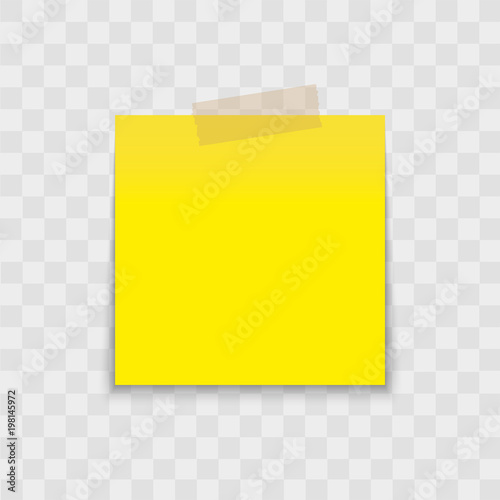 Post note paper sticker pin with sticky tape on transparent background. Vector.